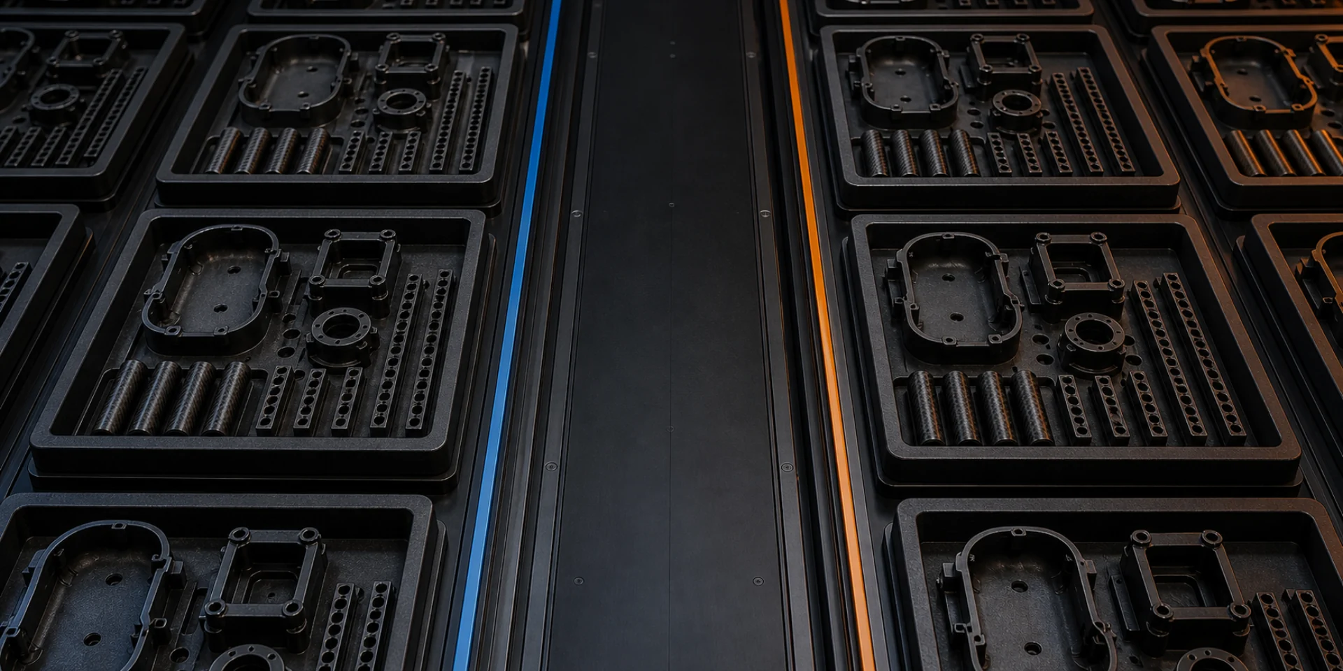 Rows of repeatable drone component fixtures prepared for scaled production